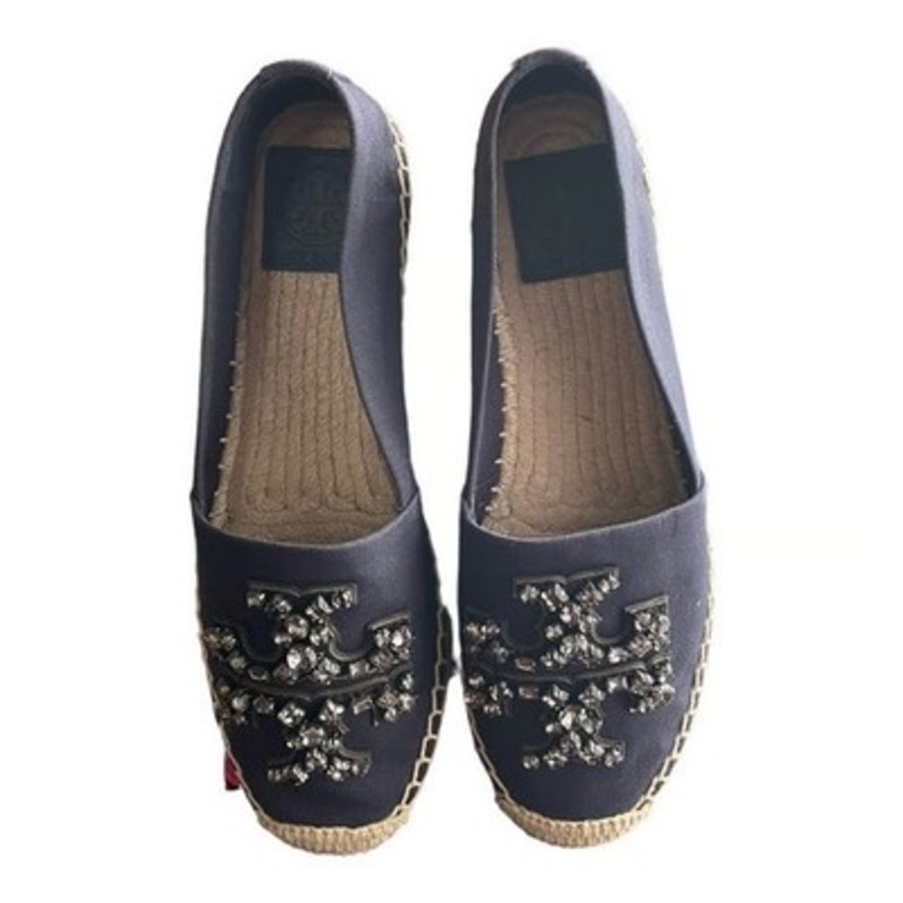 TORY BURCH Ines Embellished Logo Espadrille Flats Navy Canvas Size 5.5 NIB - Picture 5 of 12
